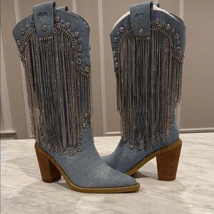 Fringe Denim Western Boots